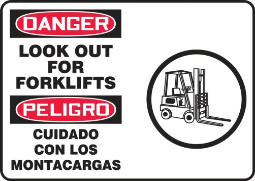 Safety Sign, Header: DANGER, Legend: LOOK OUT FOR FORKLIFTS (W/GRAPHIC) (BILINGUAL)