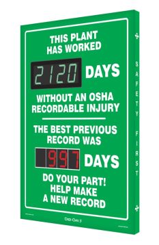 Digi-Day® 3 Electronic Scoreboards: This Plant Has Worked ____ Days Without An OSHA Recordable Injury - The Best Previous Record Was ____ Days