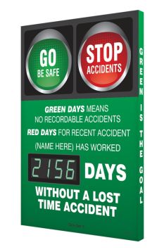 Semi-Custom Digi-Day® 3 Electronic Scoreboards: Green Days Means No Recordable Accidents Red Days For Recent Accident (Name Here) Has Worked__ Days