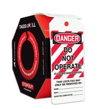 Safety Tag, Header: DANGER, Legend: DANGER DO NOT OPERATE ELECTRICIANS AT WORK