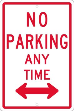 NO PARKING ANYTIME WITH DOUBLE ARROW SIGN