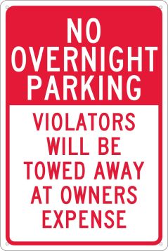 NO OVERNIGHT PARKING VIOLATORS WILL BE TOWED SIGN
