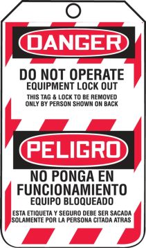 DANGER DO NOT OPERATE EQUIPMENT LOCK OUT THIS TAG & LOCK TO BE REMOVED ONLY BY PERSON SHOWN ON BACK-(SPANISH)