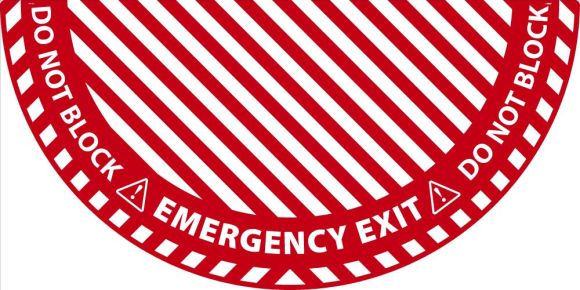 HALF CIRCLE DOOR SWING FLR SIGN: EMERG EXIT