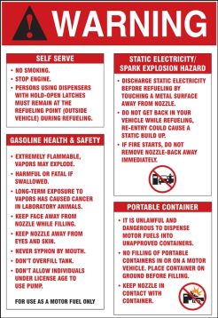 Safety Label, Legend: WARNING SELF SERVE ... GASOLINE & HEALTH SAFETY ... STATIC ELECTRICITY SPARK EXPLOSION HAZARD ... PORTABLE CONTAINER ...