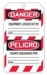 Safety Tag, Header: DANGER/PELIGRO, Legend: DANGER THIS TAG & LOCK TO BE REMOVED ONLY BY PERSON SHOWN ON BACK (BILINGUAL SPANISH)
