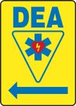 Safety Sign, Header: AED, Legend: <--- (LEFT ARROW) (W/GRAPHIC)