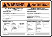Safety Label, Header: WARNING, Legend: WARNING ARC FLASH AND SHOCK HAZARD APPROPRIATE PPE REQUIRED…(BILINGUAL SPANISH)