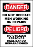 DANGER DO NOT OPERATE MEN WORKING ON REPAIRS (BILINGUAL SPANISH)