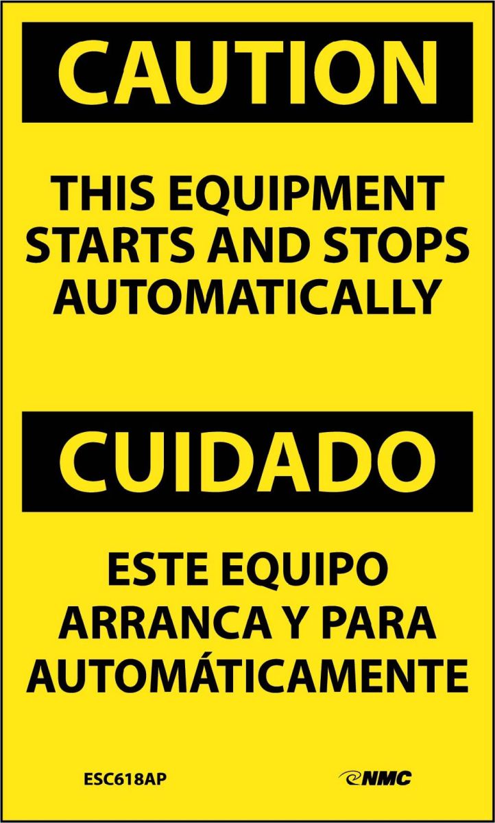 CAUTION THIS EQUIPMENT STARTS AND STOPS AUTOMATICALLY BILINGUAL LABEL
