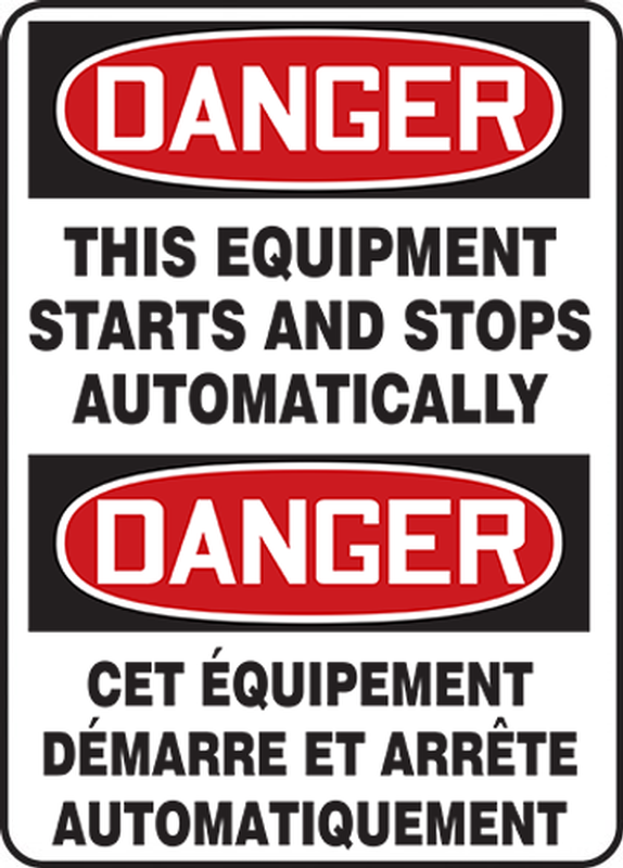 LegendDANGER THIS EQUIPMENT STARTS AND STOPS AUTOMATICALLY Red/Black on White 7 Length x 10 Width Accuform MEQM087VA Aluminum Safety Sign 