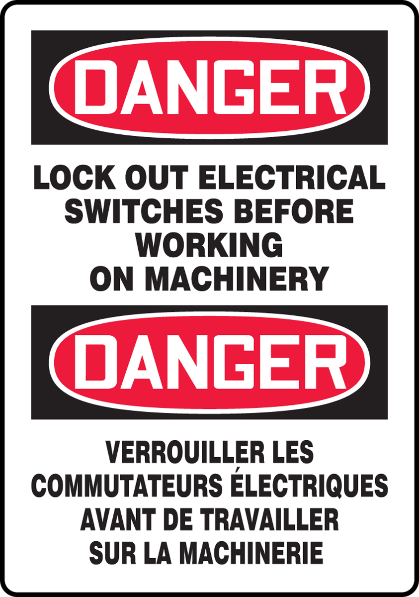 Bilingual OSHA Danger Safety Sign: Lock Out Electrical Switches Before ...