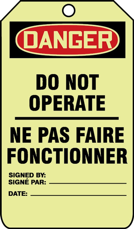 Safety Tag, Header: DANGER, Legend: DANGER DO NOT OPERATE (BILINGUAL FRENCH - NE PAS FAIRE FONCTIONNER)