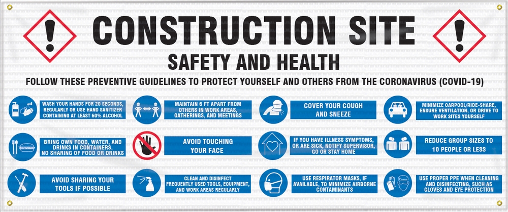 Fence-Wrap™ Mesh Banner: Construction Site, Safety and Health, Follow These Preventive Guidelines To Protect Yourself and Others From ...