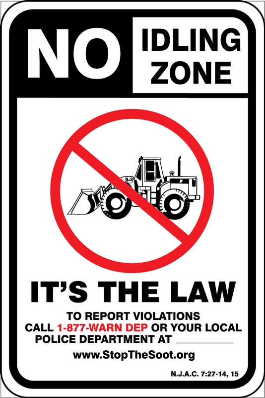Traffic Sign, Legend: NO IDLING ZONE / IT'S THE LAW / TO REPORT VIOLATIONS CALL 1-877-WARN DEP OR YOUR LOCAL POLICE DEPARTMENT AT __________ / WW...