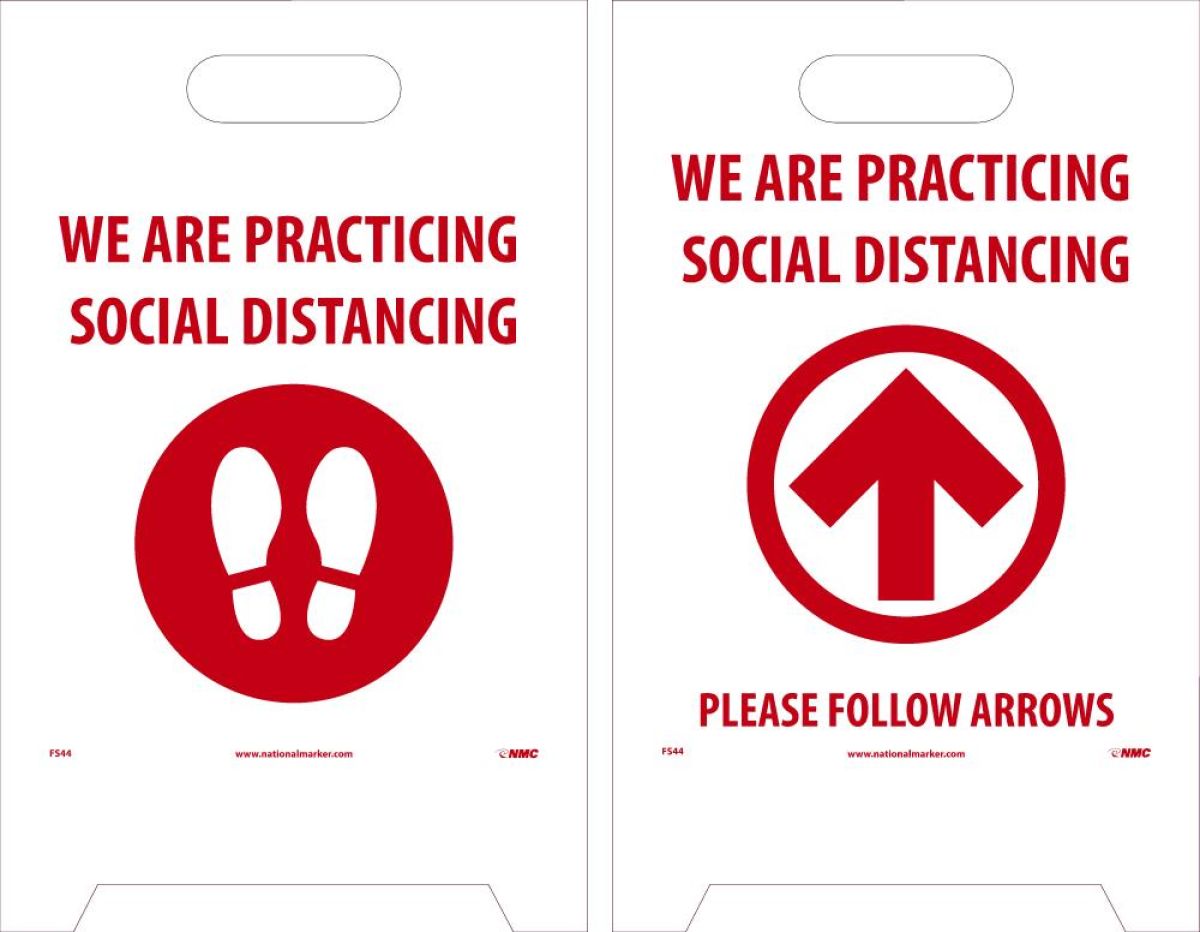 SOCIAL DIST., FOOTPRT/ARROW, RED DBL-SIDED FLOOR SIGN