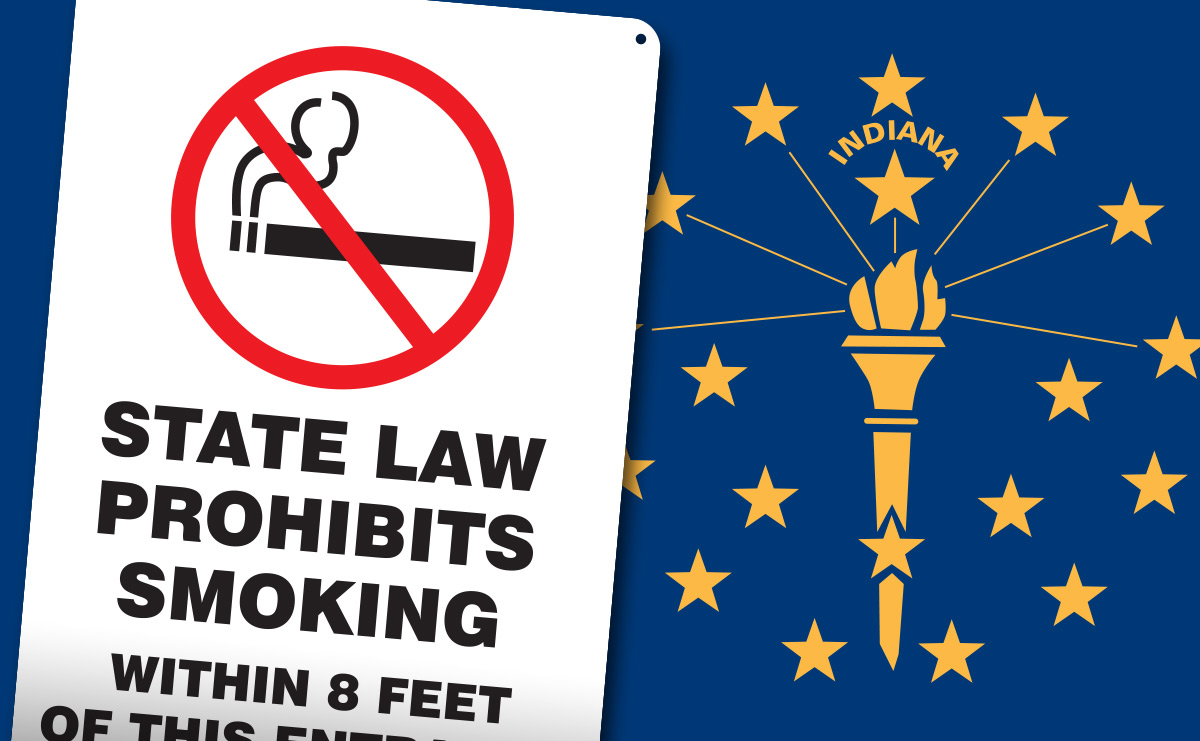 Indiana state flag behind no smoking sign
