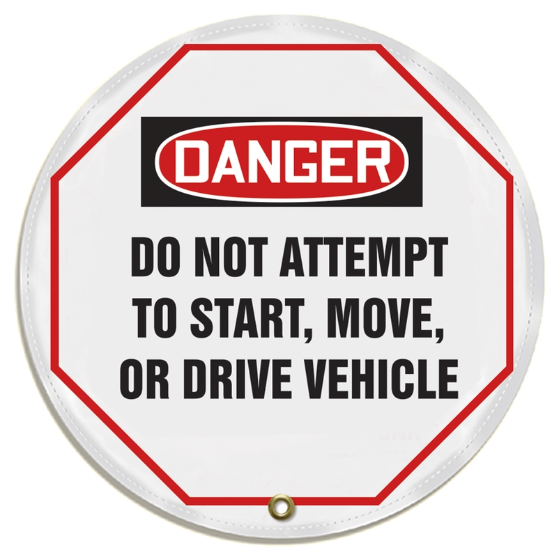 24 Diameter Red/Black on White THIS COVER MAY ONLY BE REMOVED BY AUTHORIZED PERSONNEL OSHA-Style Legend DANGER DO NOT START OR MOVE VEHICLE Accuform Signs KDD831 STOPOUT Vinyl Steering Wheel Message Cover