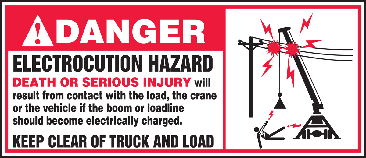 ANSI DANGER Electrocution Hazard Crane Label with Symbol 7x5 in Vinyl 