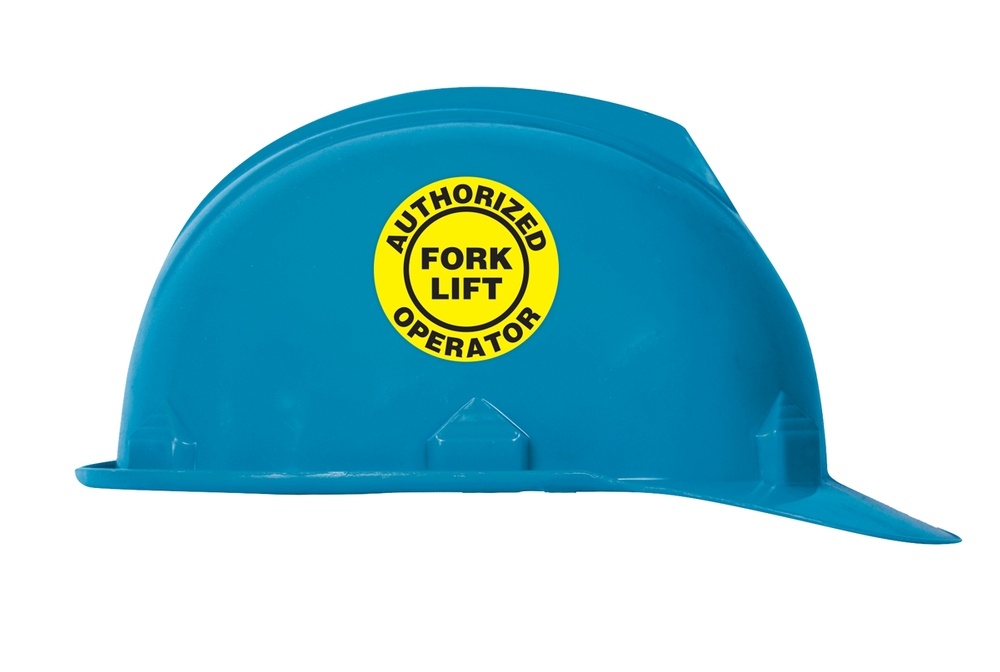 FORKLIFT SAFETY TRAINED Hard Hat Stickers > Fork Lift Tow Motor Helmet Decals 