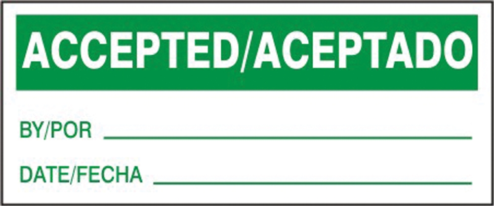 Labeling, Header: ACCEPTED/ACEPTADO, Legend: BY/POR ___ DATE/FECHA ___