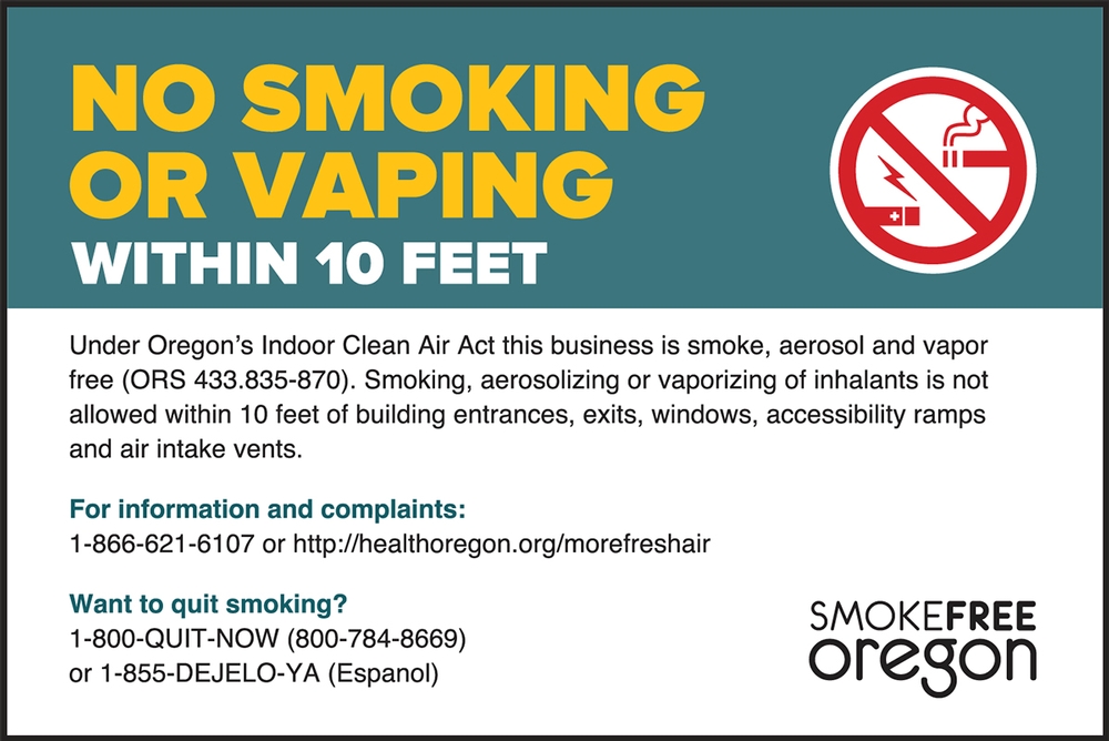 Oregon State Safety Sign: No Smoking Or Vaping Within 10 Feet