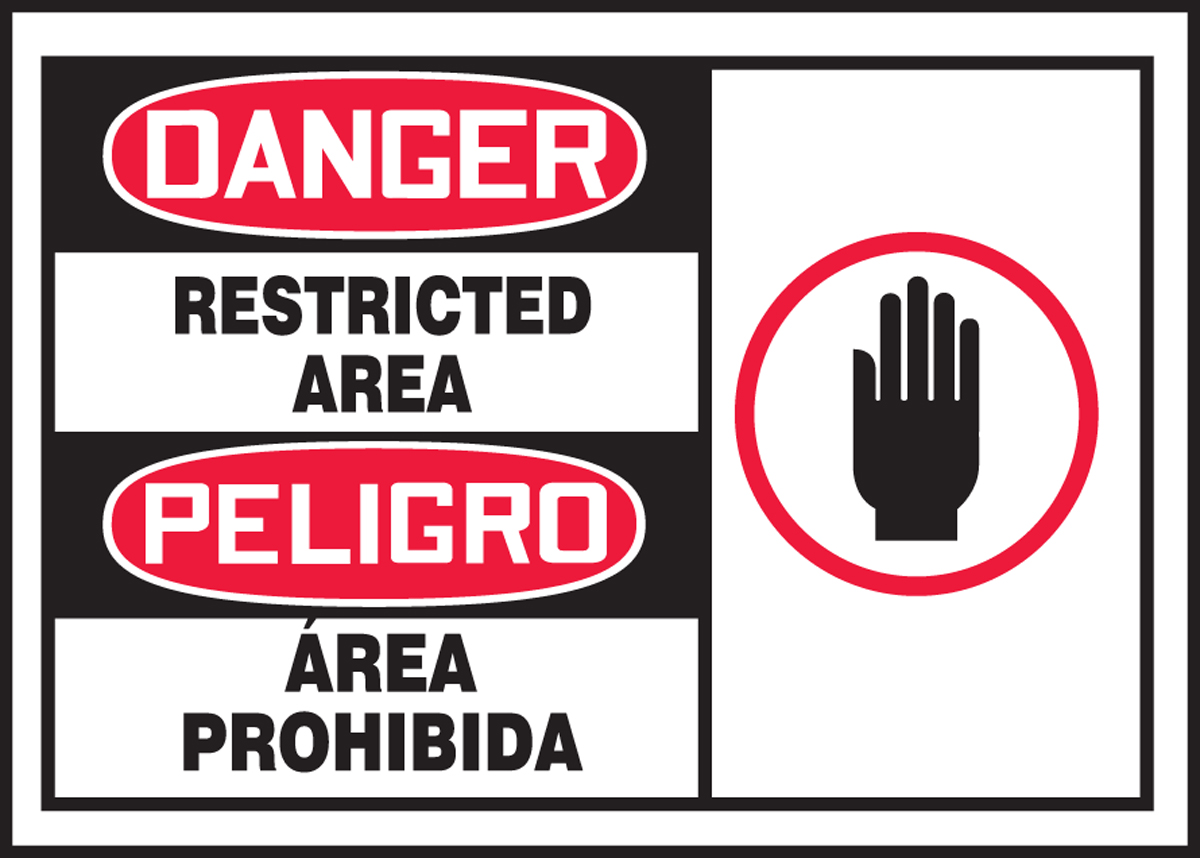 Safety Label, Header: DANGER, Legend: RESTRICTED AREA (W/GRAPHIC) (BILINGUAL)