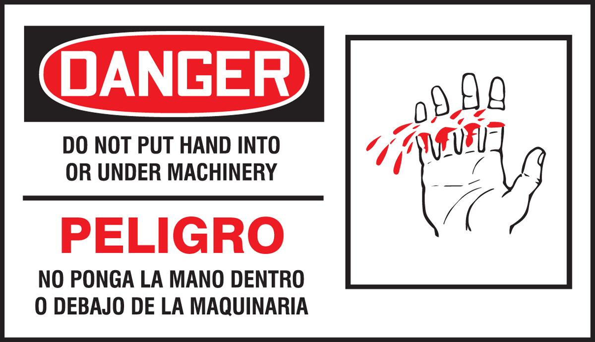 Safety Label, Header: DANGER, Legend: DO NOT PUT HAND INTO OR UNDER MACHINERY (BILINGUAL) (W/GRAPHIC)