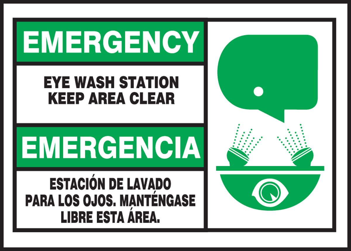 Safety Label, Header: EMERGENCY/EMERGENCIA, Legend: EYE WASH STATION KEEP AREA CLEAR (W/GRAPHIC) (BILINGUAL)