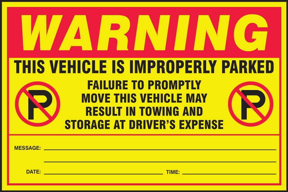 Parking Violation Labels: Warning - This Vehicle Is Improperly Parked