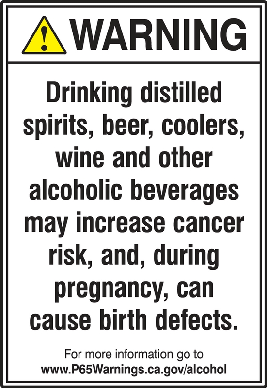 ANSI Warning Safety Sign: Drinking Distilled Spirits, Beer, Coolers, And Other Alcoholic Beverages May Increase Cancer Risk