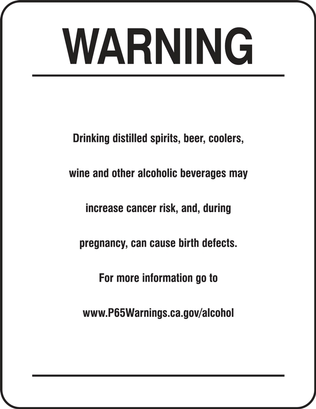 Prop 65 Alcoholic Beverage Exposure Warning Safety Sign: Reproductive Harm