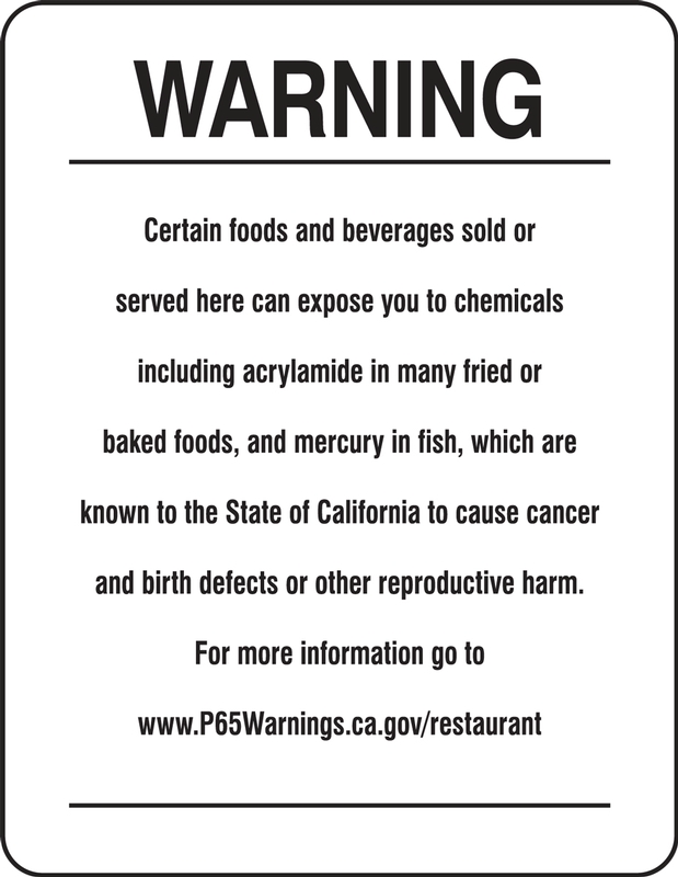 Prop 65 Food and Beverage Exposure Warnings for Restaurants Safety Sign: Cancer