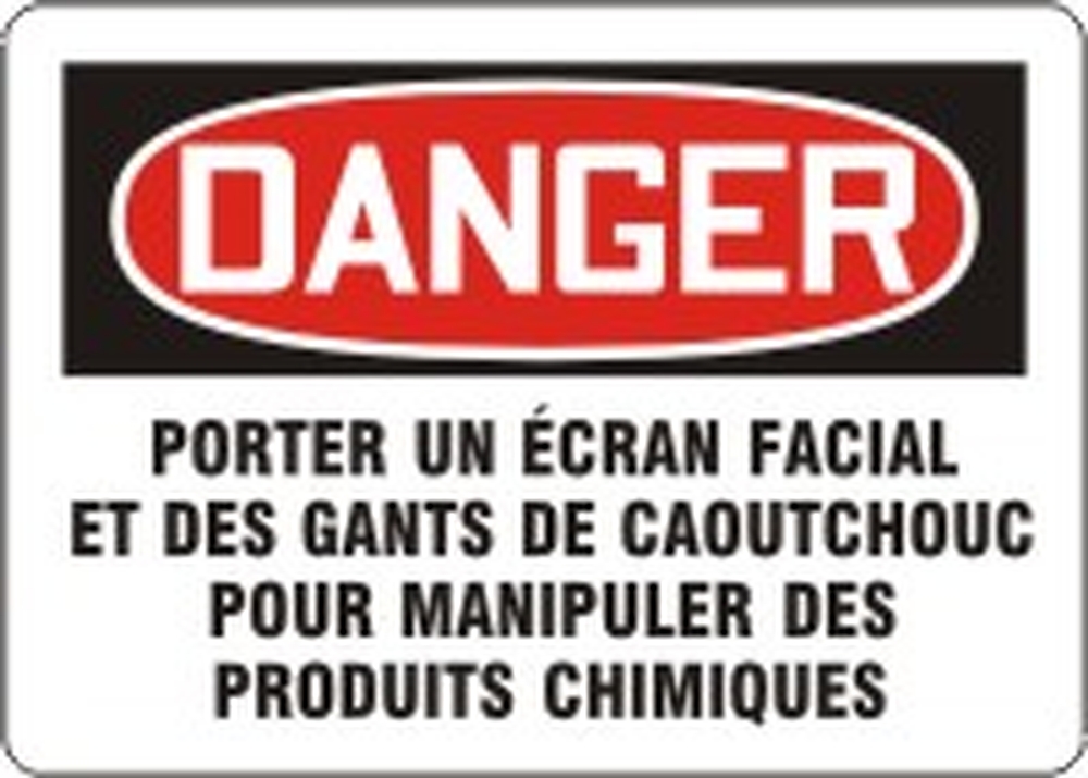 DANGER PORTER UN ÉCRAN FACIAL ET DES GANTS DE CAOUTCHOLIC POUR MANIPULER DES PRODUITS CHIMIQUES