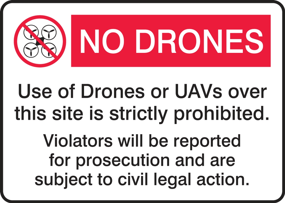 Drone Safety Sign: No Drones - Use Of Drones Or UAVs Over This Site Is Strictly Prohibited.