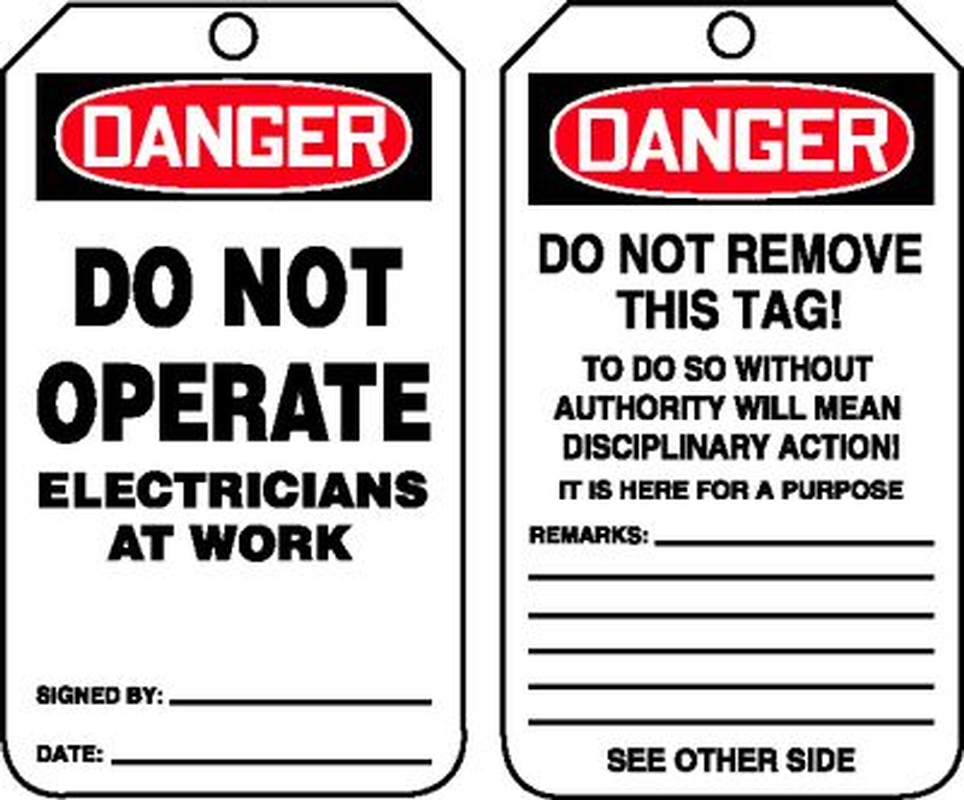 Safety Tag, Header: DANGER, Legend: DO NOT OPERATE ELECTRICIANS AT WORK