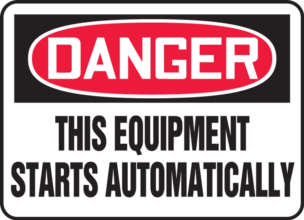 Safety Sign, Header: DANGER, Legend: DANGER THIS EQUIPMENT STARTS AUTOMATICALLY