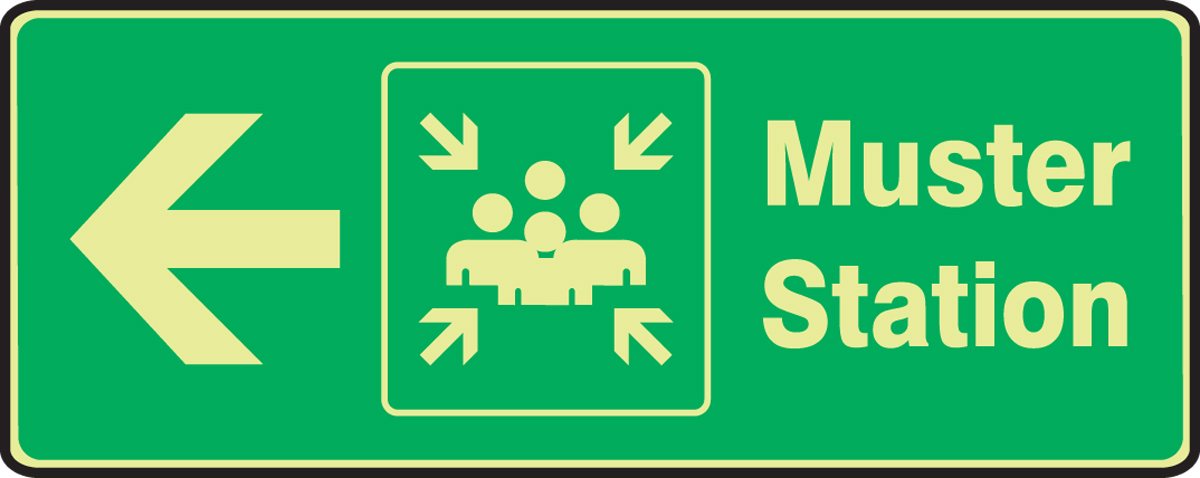 MUSTER STATION W/SYMBOL, LEFT ARROW