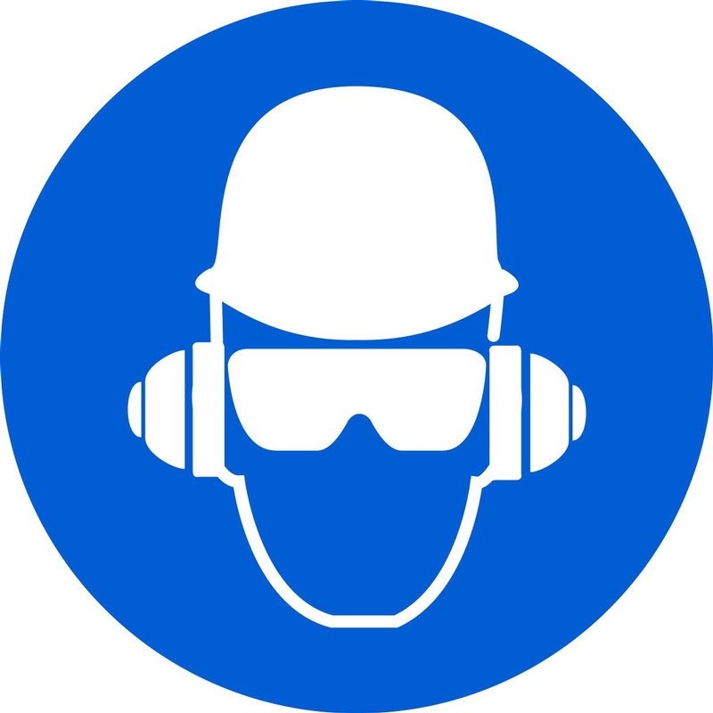 Safety Sign, Legend: (WEAR HEAD, HEARING, & EYE PROTECTION)