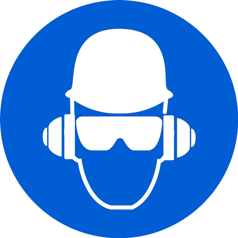 Safety Sign, Legend: (WEAR HEAD, HEARING, & EYE PROTECTION)