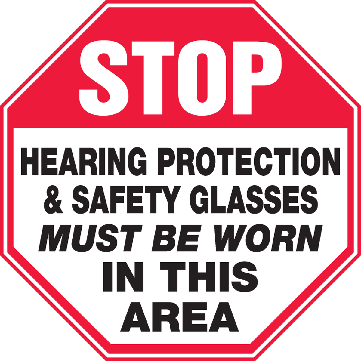 STOP HEARING PROTECTION AND SAFETY GLASSES MUST BE WORN IN THIS AREA