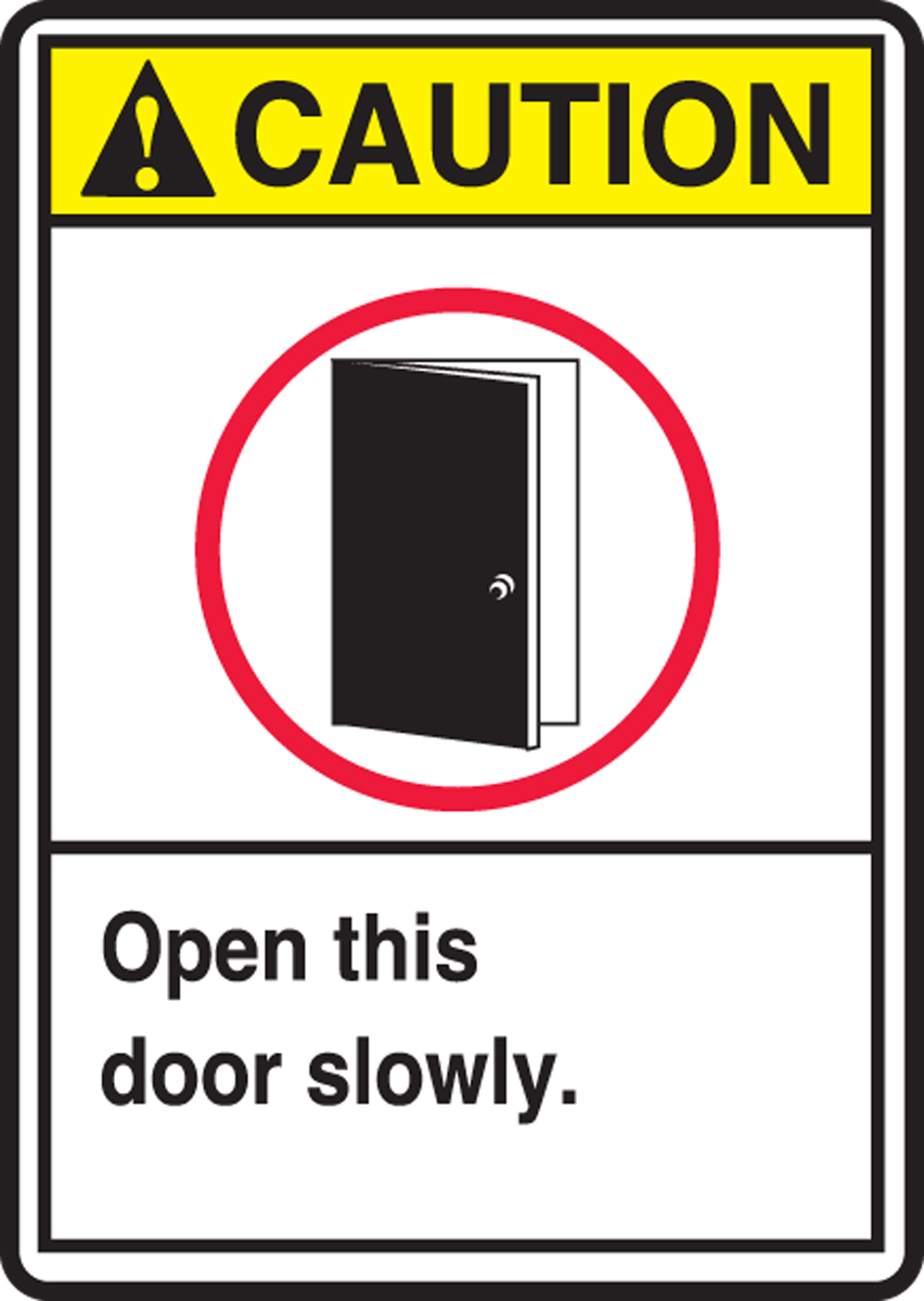 ANSI CAUTION Door may open suddenly Sign with Symbol ACE-25176