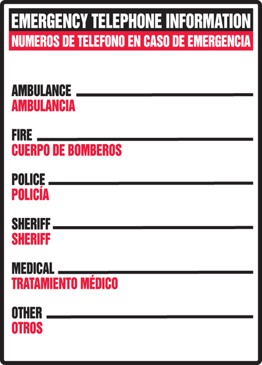 EMERGENCY TELEPHONE INFORMATION AMBULANCE ___ FIRE___ POLICE___ SHERIFF___ MEDICAL___ OTHER___ (BILINGUAL)