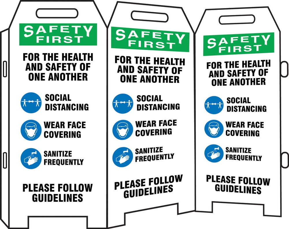 Plant & Facility, Header: SAFETY FIRST, Legend: SAFETY FIRST FOR THE HEALTH AND SAFETY OF ONE ANOTHER PLEASE FOLLOW GUIDELINES SOCIAL DISTANCING...