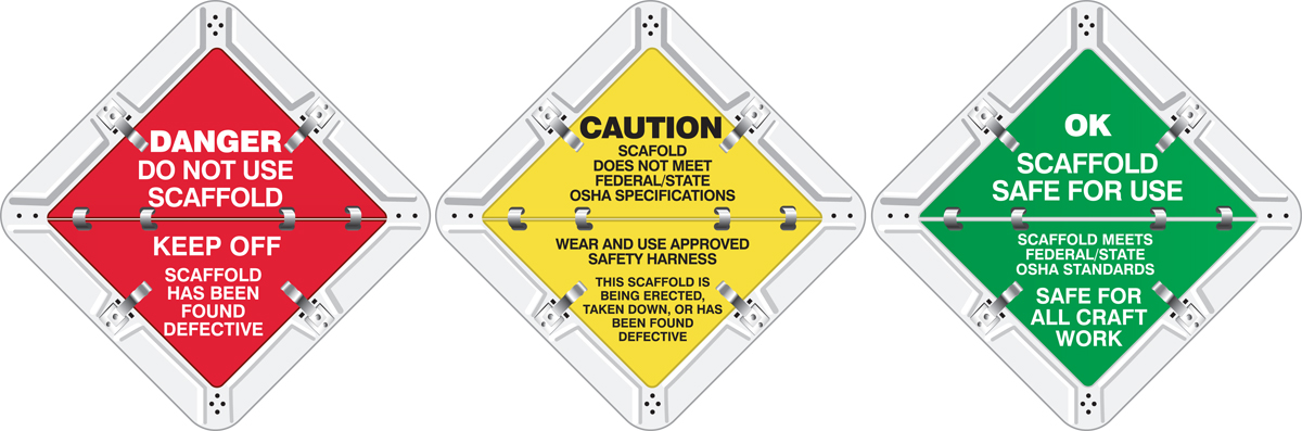 DANGER DO NOT USE SCAFFOLD KEEP OFF ... / CAUTION SCAFFOLD DOES NOT MEET FEDERAL/STATE ... / OK SCAFFOLD SAFE FOR USE ...