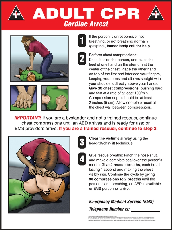 Safety Sign, Legend: ADULT CPR CARDIAC ARREST (CPR) ...