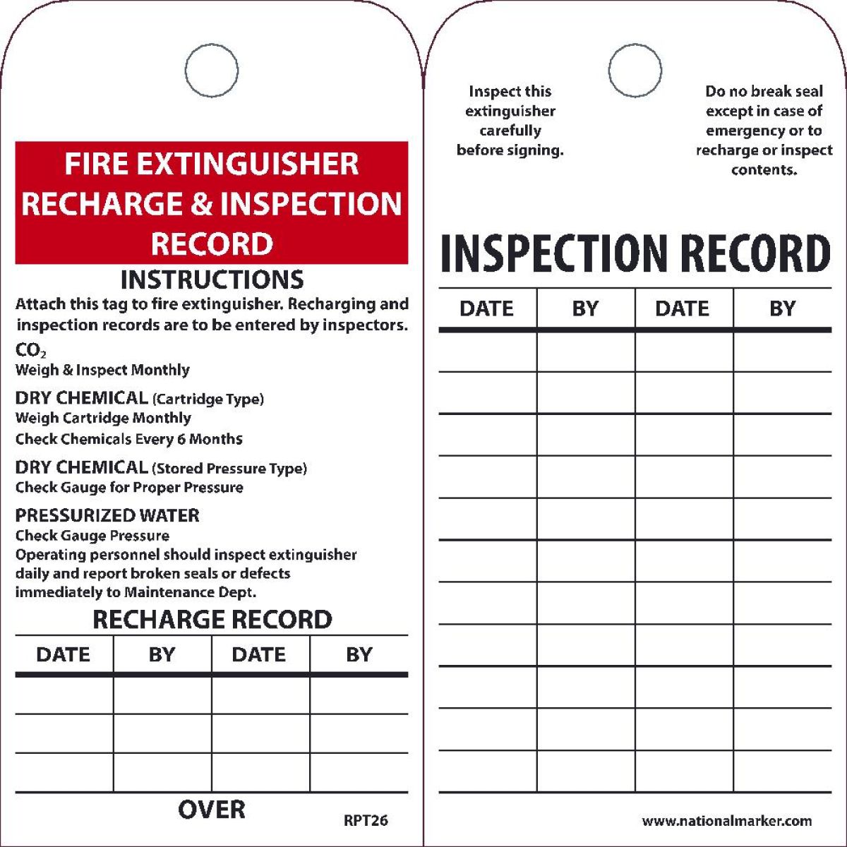 FIRE EXTINGUISHER RECHARGE INSPECTION RECORD TAG RPT26