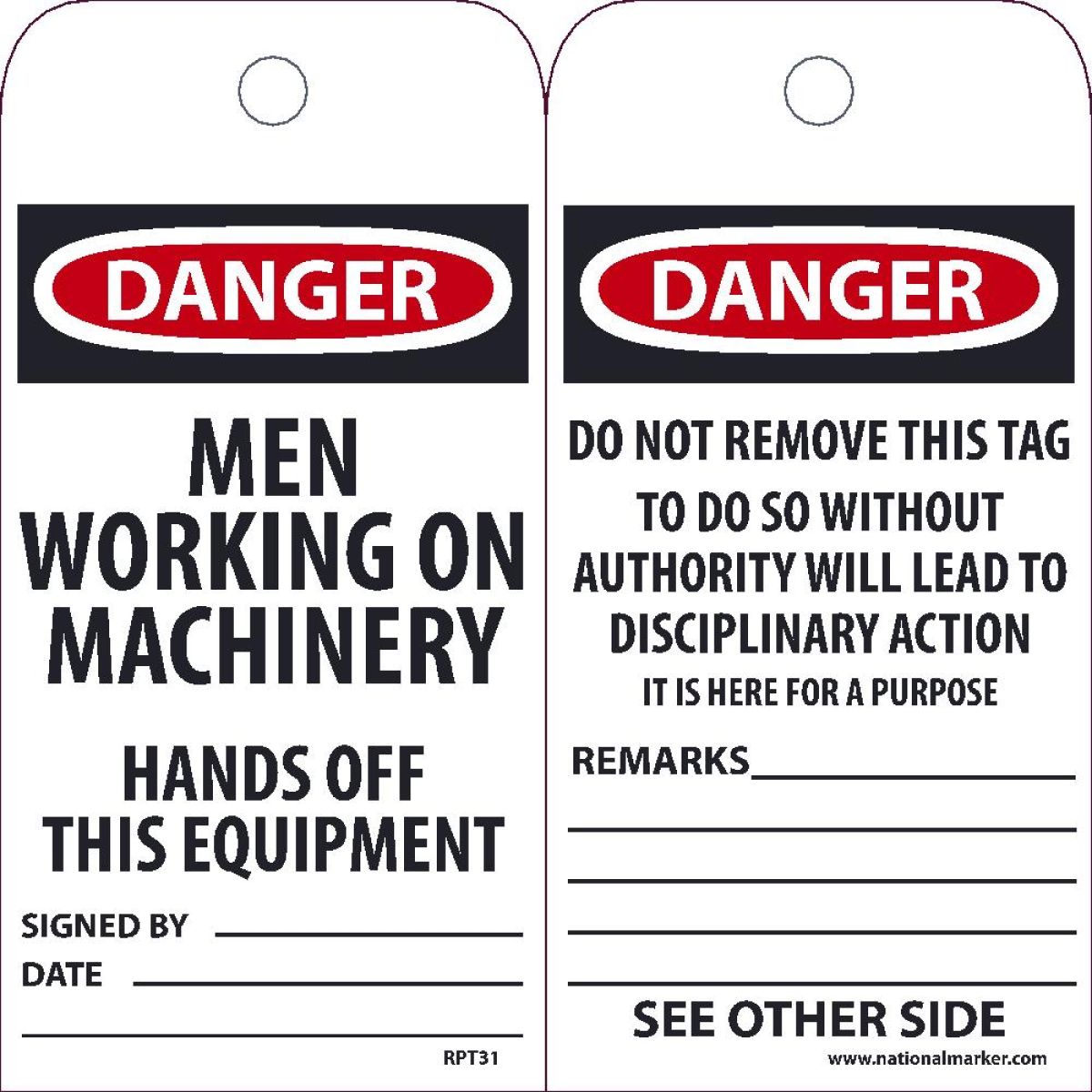 DANGER MEN WORKING ON MACHINERY HANDS OFF THIS EQUIPMENT TAG