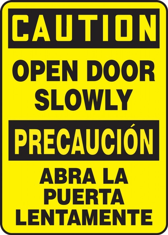 Contractor Preferred Bilingual OSHA Caution Safety Sign: Open Door Slowly