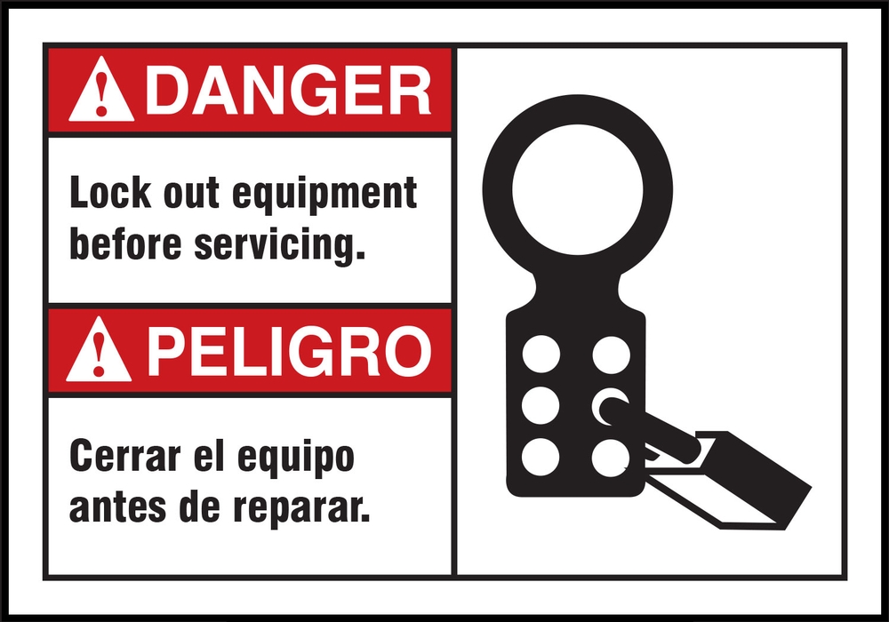 LOCK OUT EQUIPMENT BEFORE SERVICING, BILINGUAL SPANISH